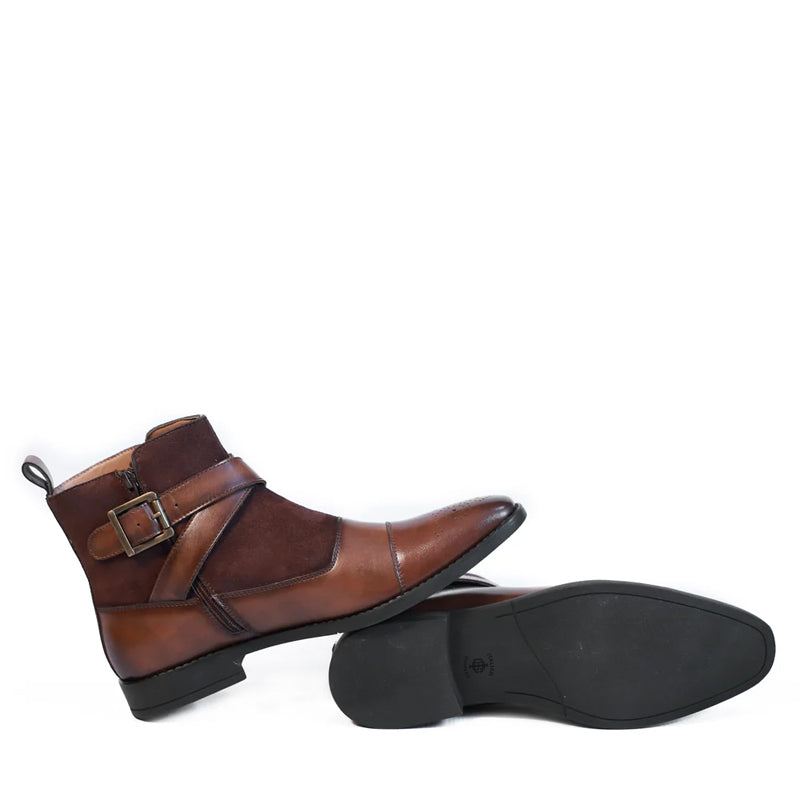 Leather Side Zip-Up Buckled Ankle Black Boot