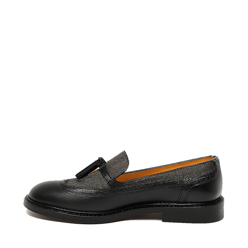 Men's Black Leather Tassel Loafer with Dual Textured Elegance