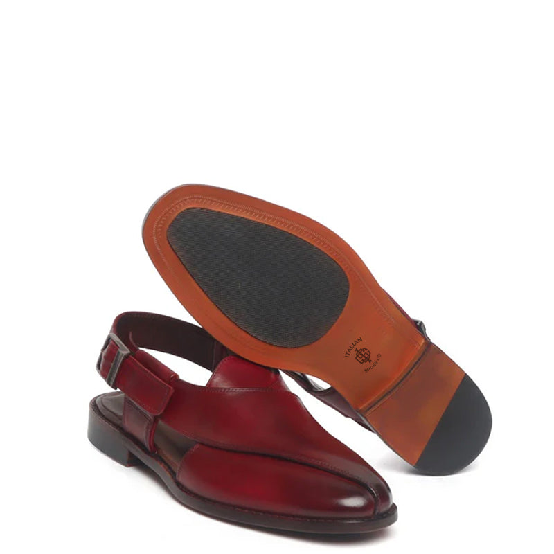Cross Strap Slip-On Leather Peshawari Burgundy Sandal