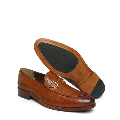 Croco Print Deep Cut Horse-bit Buckled Tan Loafer