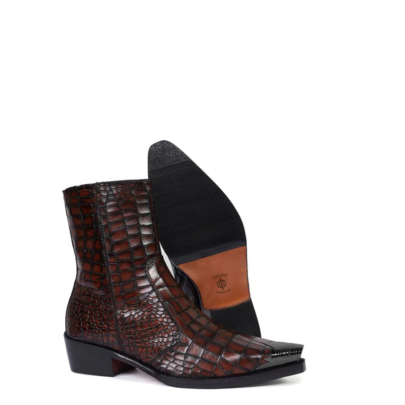 Luxury Croco Print Leather Side-Zipper Boot Black