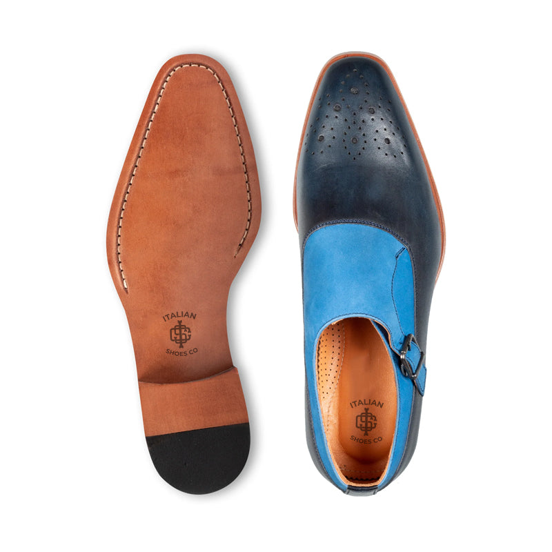 Men Handmade Leather Single Monk Straps Blue Shoe