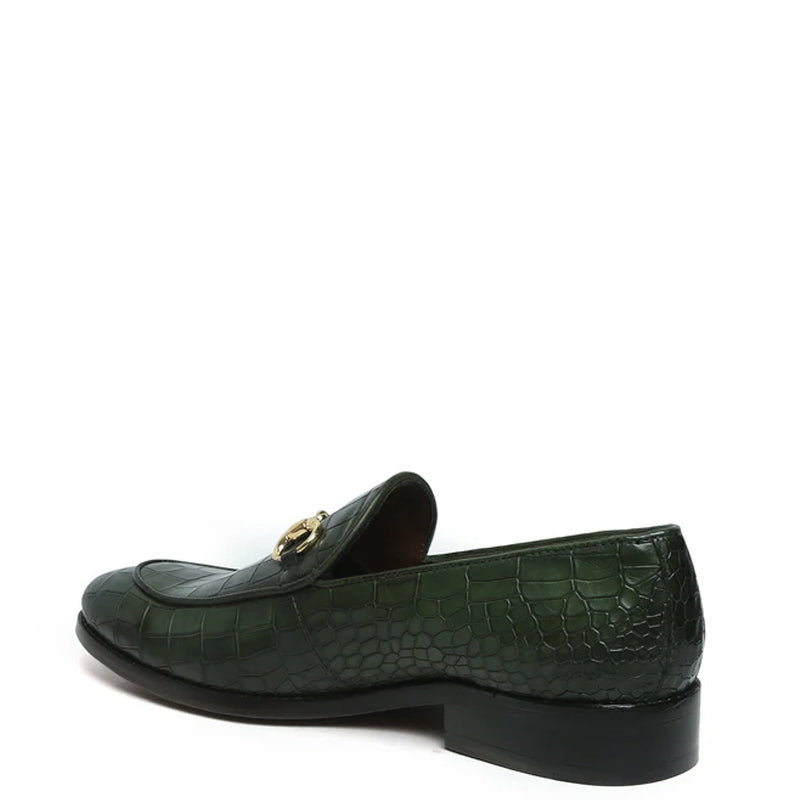 Croco Leather Horse-bit Buckled Green Loafer