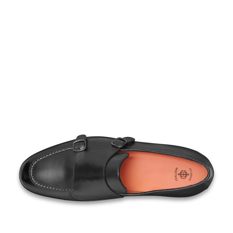 Men Black Polished Double Buckle Leather Loafer