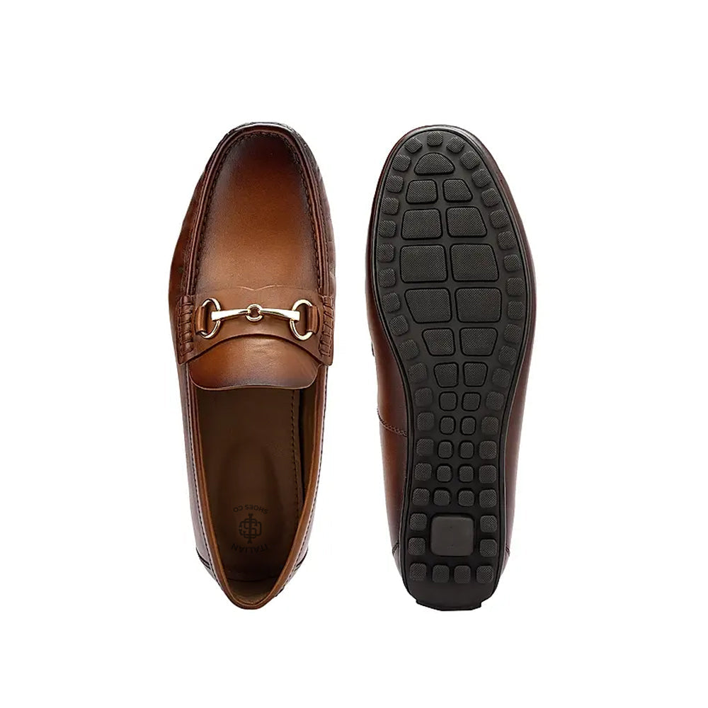 Men Solid Leather Buckled Formal Tan Loafer