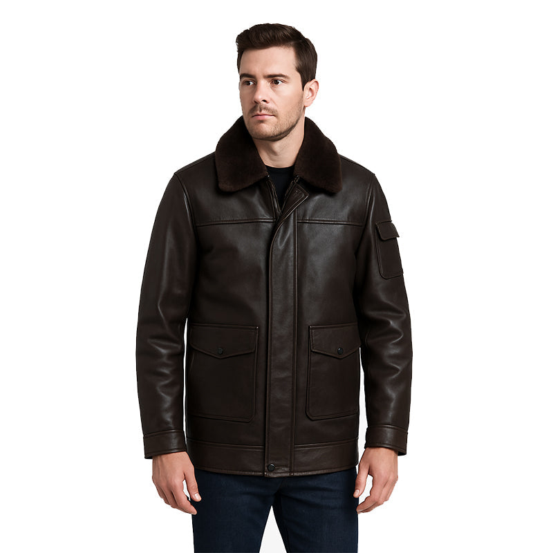 Men's Luxurious Brown Front Pocket Jacket with Fur Collar