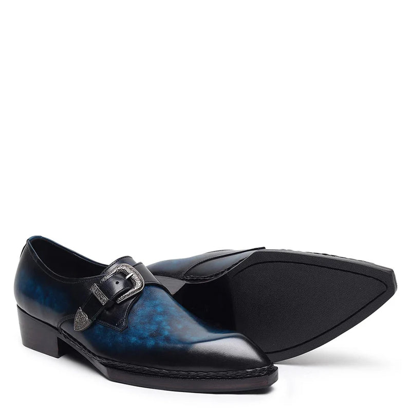 Plain Leather Single Monk Blue Shoe With Side Buckle