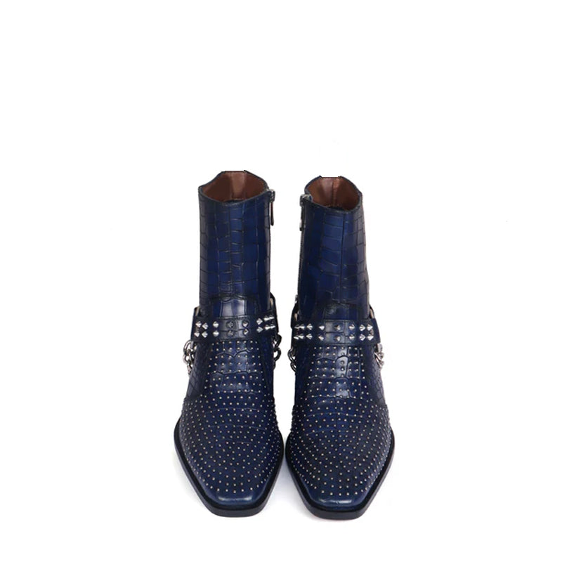 Croco With Silver Studded Buckle Side-Zipper Chain Boots