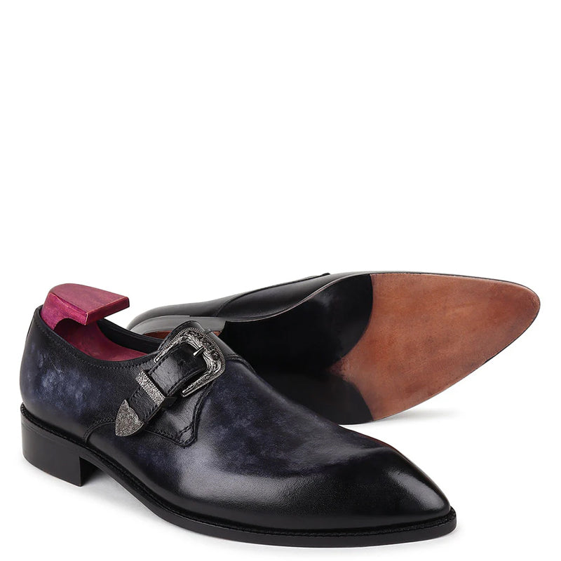 Plain Leather Single Monk Blue Shoe With Side Buckle