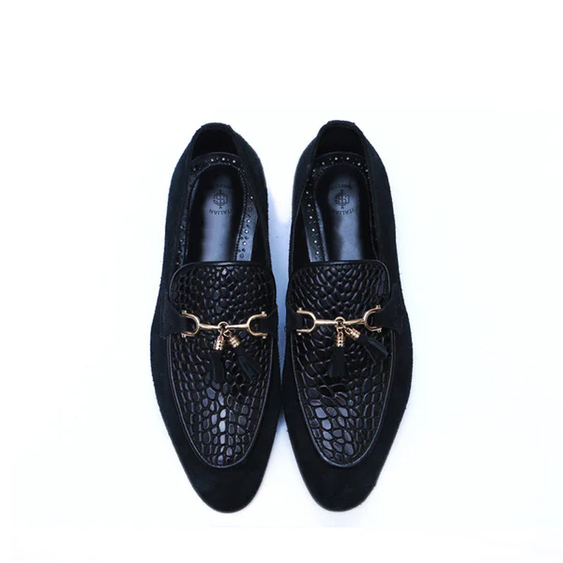Pure Suede Leather Tassel Black Loafer With Gold Buckle