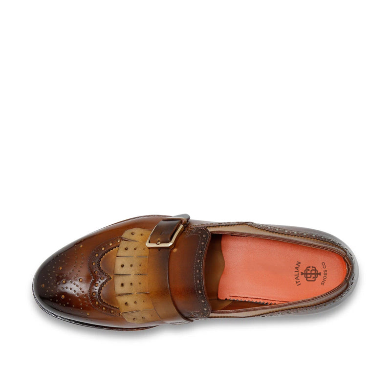 Handmade Leather Single Buckle Tan Loafer  With Fringe