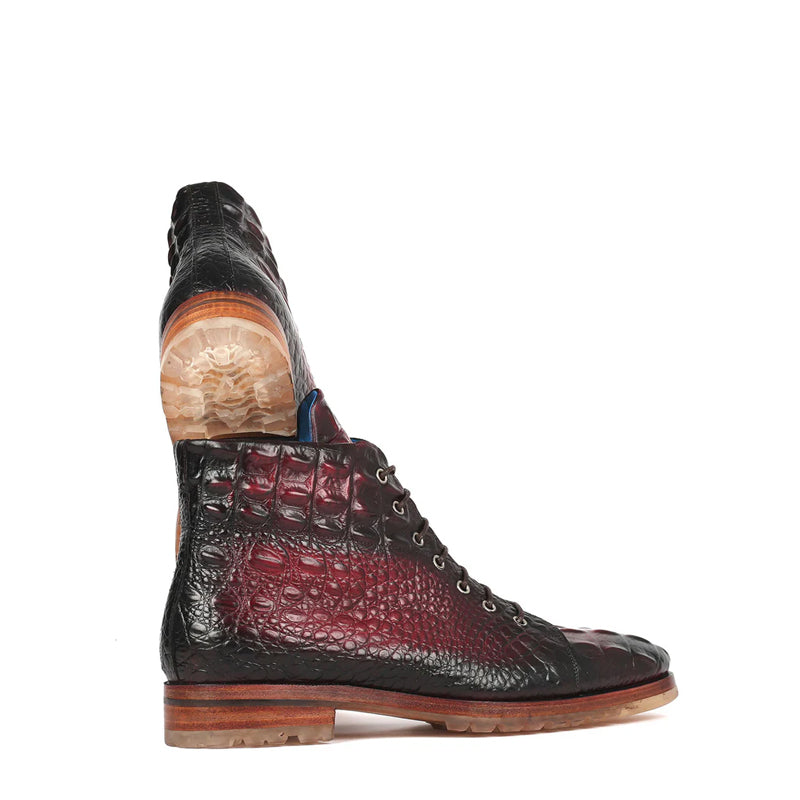 Hand-Painted Croco Print Leather Lace-Up Boot Burgundy