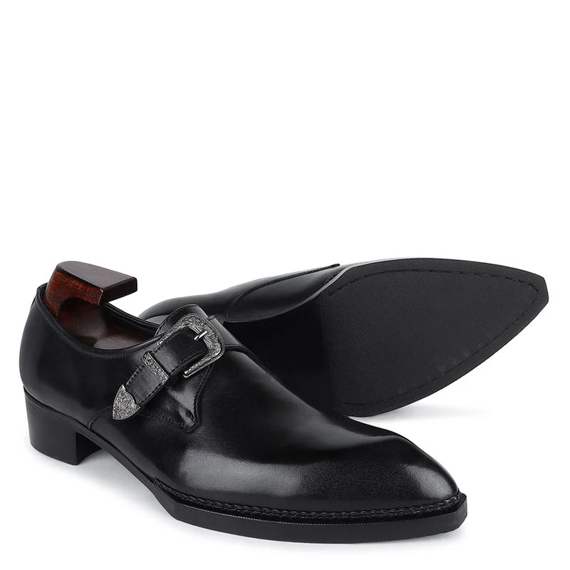 Plain Leather Single Monk Dark Blue Shoe With Side Buckle
