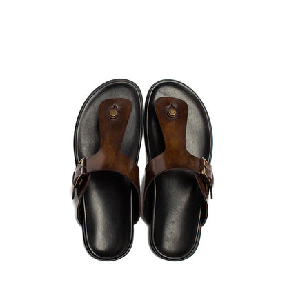 Men Slip-On Leather Brown Buckle Sandal