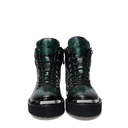Croco Deep Cut Leather Lace-UP Ankle Boot Burgundy