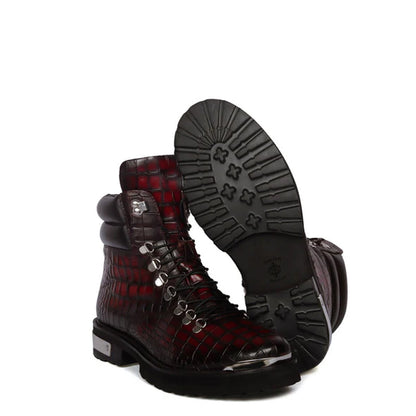 Croco Deep Cut Leather Lace-UP Ankle Boot Burgundy