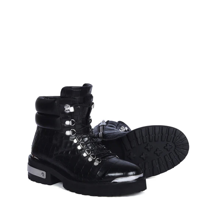 Croco Deep Cut Leather Lace-UP Ankle Boot Burgundy