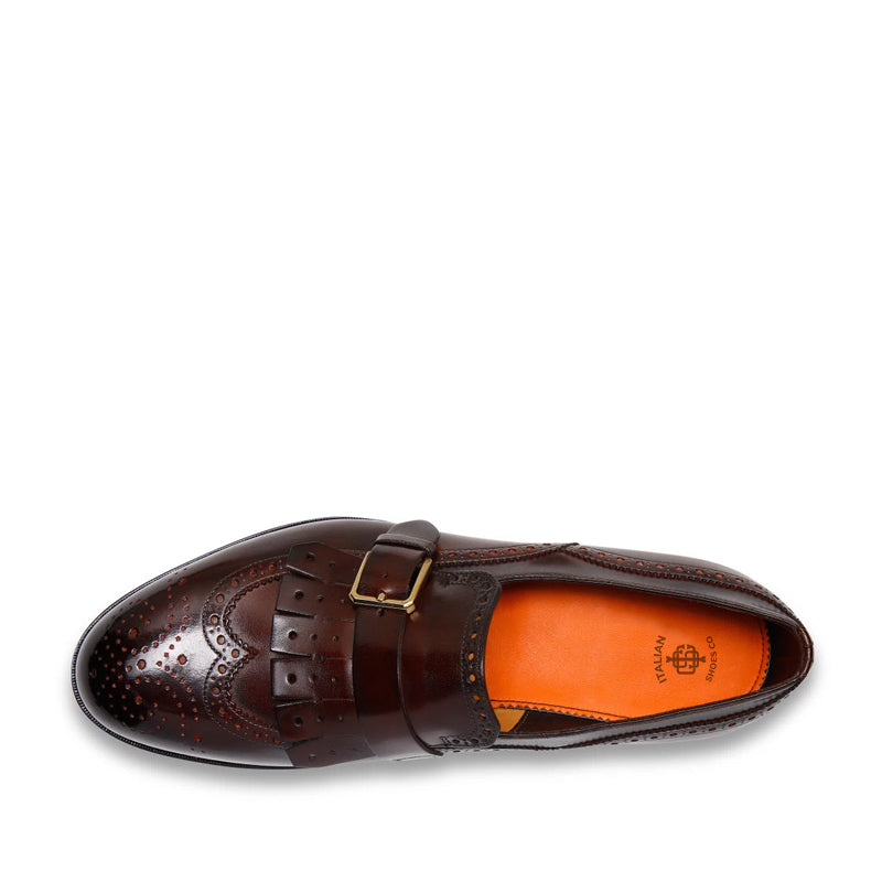 Handmade Leather Single Buckle Burgundy Loafer With Fringe