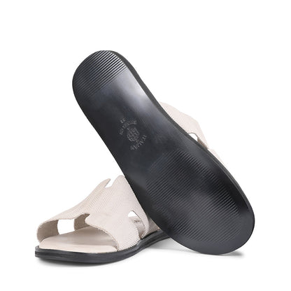 Luxury H-Style Leather Beige Slipper For Men