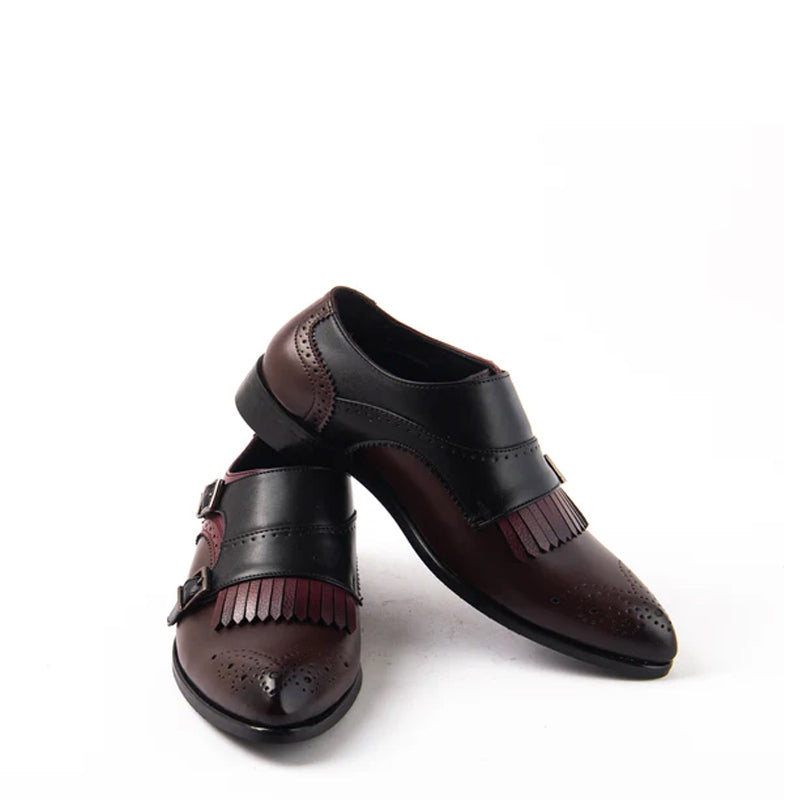 Classic Double Monk Strap Brown/Black/Burgundy Shoe With Fringe