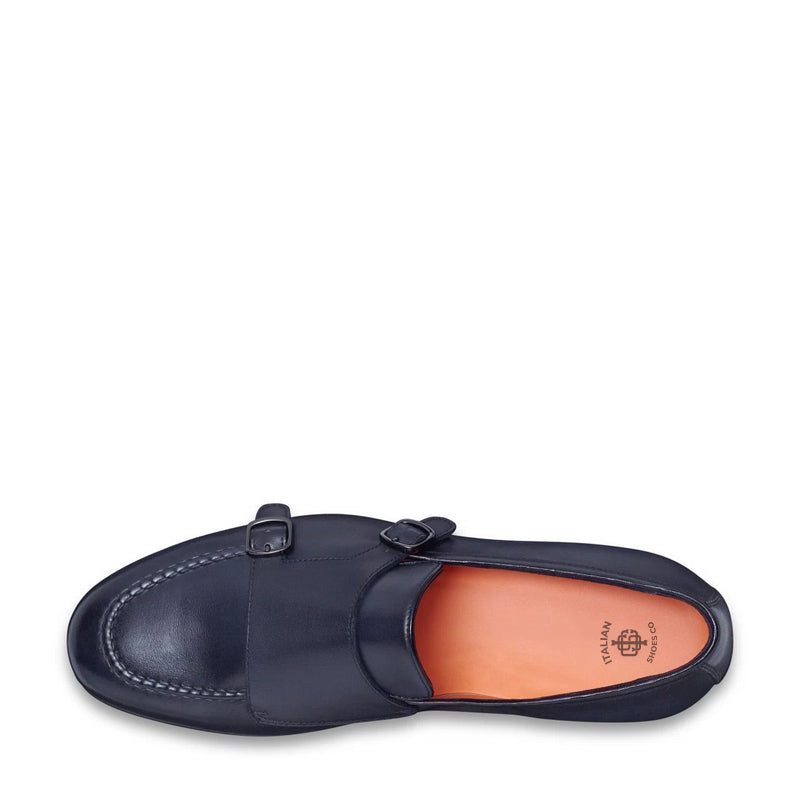 Men Black Polished Double Buckle Leather Loafer