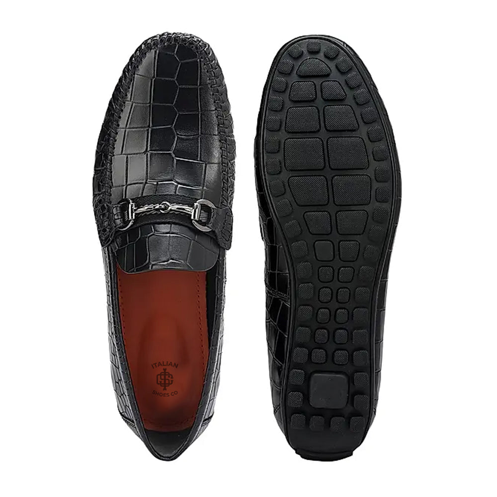 Croco Textured Leather Moccasins Driving Loafer