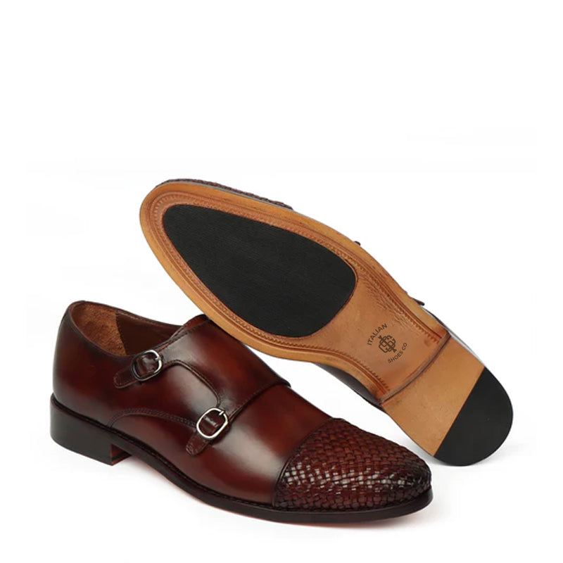 Double Monk Woven Leather Cap-Toe Tan Shoe