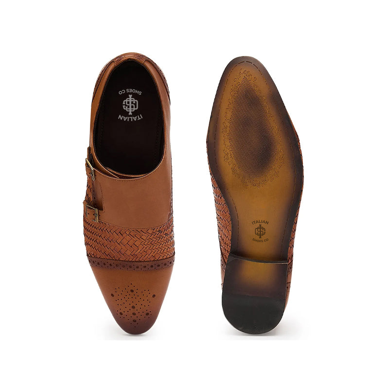 Men Woven Textured Leather Double Monk Shoe Tan