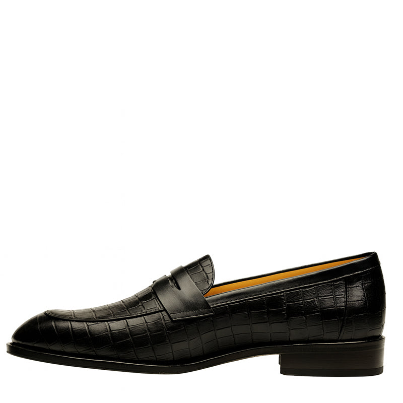Italian Black Leather Loafer with Textured Pattern
