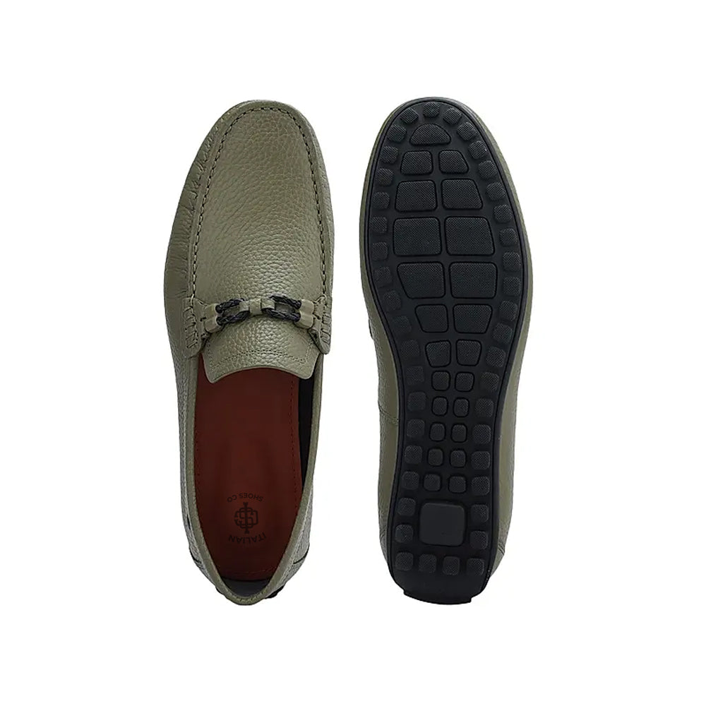 Men Textured Leather Driving Olive Green Loafer
