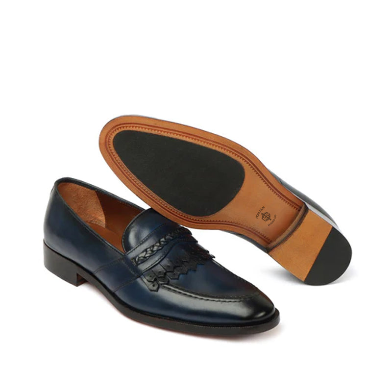 Pure Solid Leather Blue Loafer With Fringe
