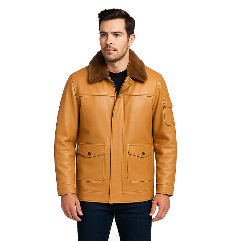 Men's Luxurious Tan Front Pocket Jacket with Fur Collar