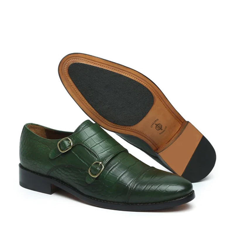 Croco Textured Leather Double Monk Green Shoe