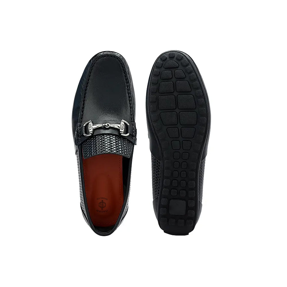 Men Round Toe Leather Moccasins Buckled Black Loafer