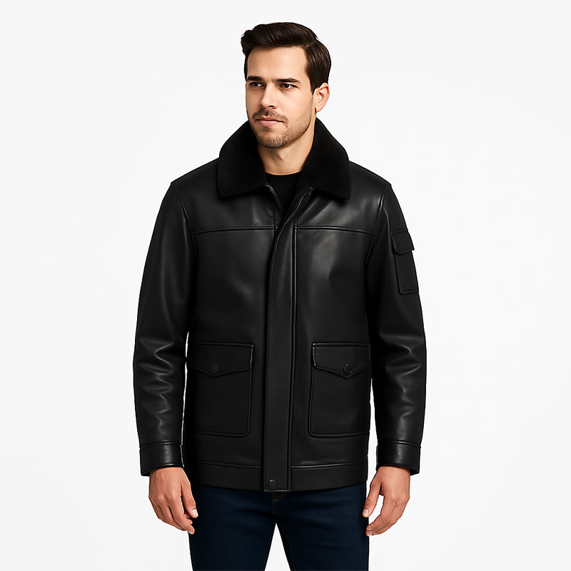 Men's Luxurious Black Front Pocket Jacket with Fur Collar