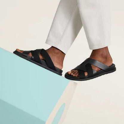 Men Textured Leather Comfort Black/Green Sandal