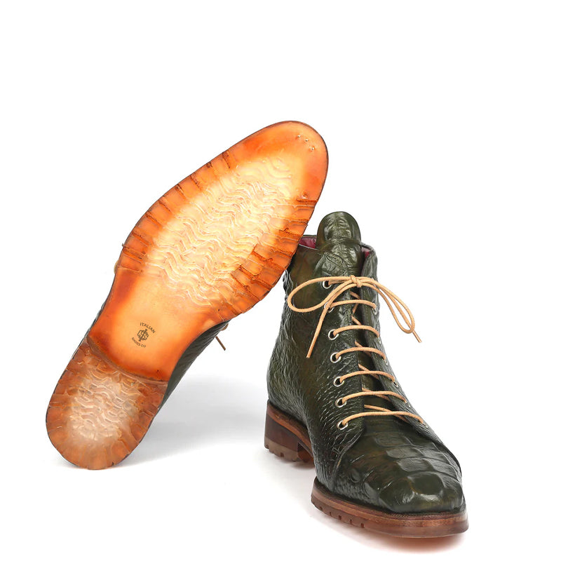 Men Crocodile Embossed Leather Ankle Boot Green