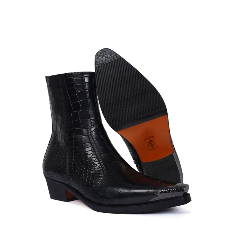 Luxury Croco Print Leather Side-Zipper Boot Green