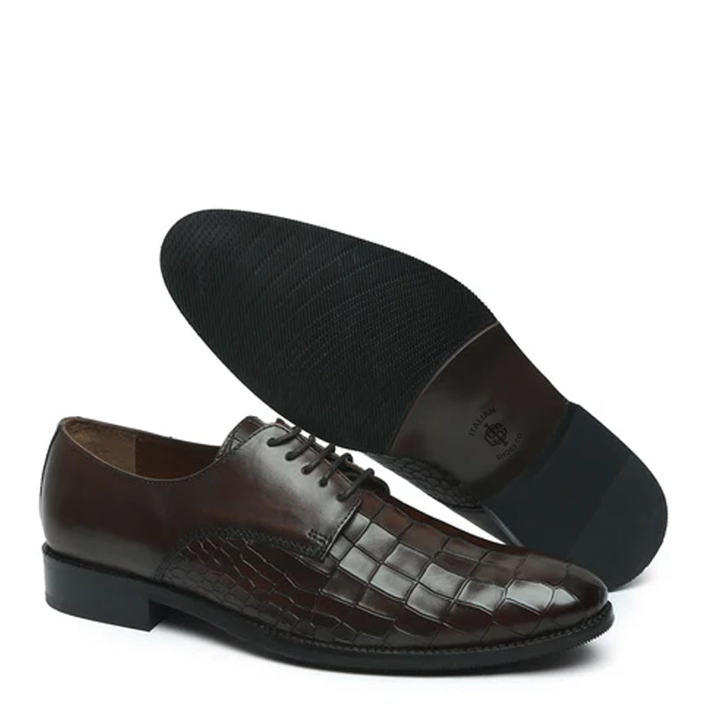 Croco Print Lace-Up Leather Derby Shoe Brown