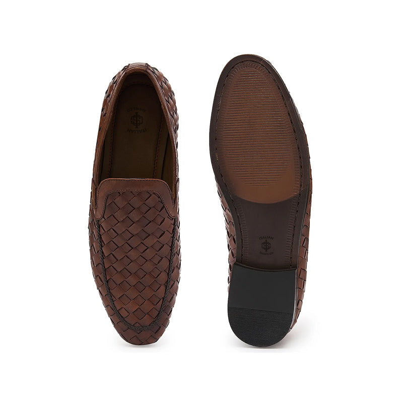 Men Woven Textured Handmade Pure Leather Brown Loafer
