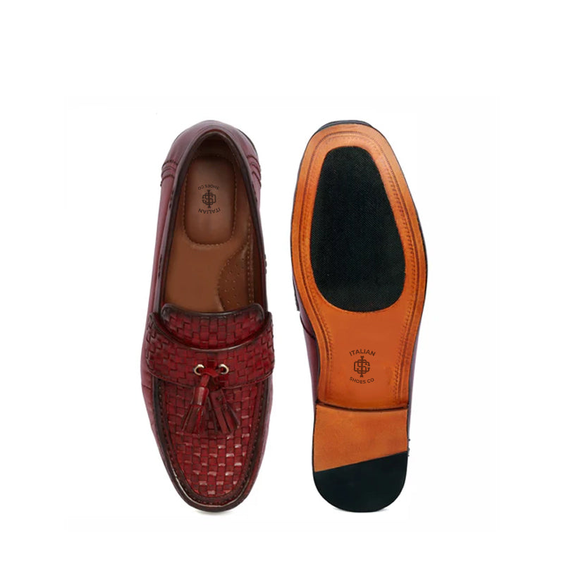 Weaved Solid Leather Tassel Loafers
