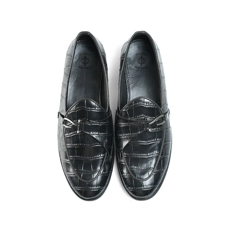 Croco Print Leather Stylish Black Loafer With Side Hook
