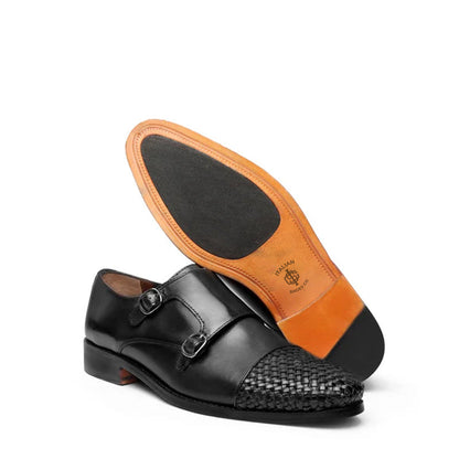 Double Monk Woven Leather Cap-Toe Black Shoe