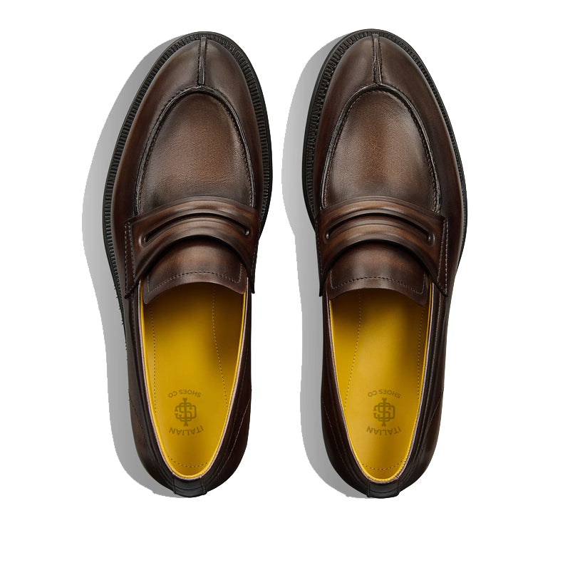 Men's Leather Brown Round-Toe Penny Loafer in Chunky Sole