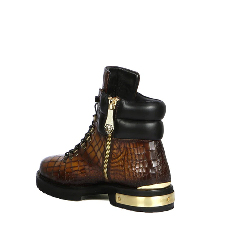 Croco Deep Cut Leather Lace-UP Ankle Boot Tan