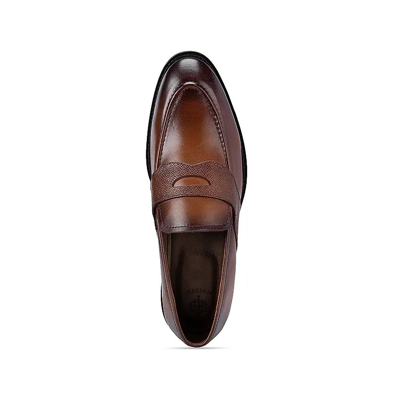 Textured Strap Leather Brown Loafer Shoe
