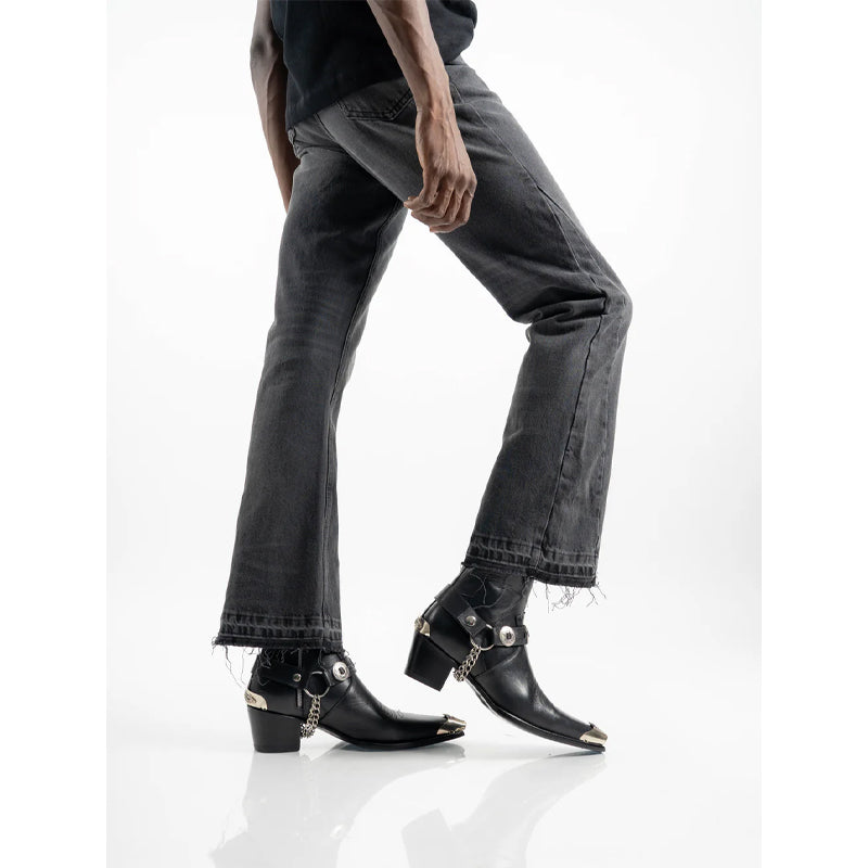 Luxury Leather Black Metal Toe Cap Cuban Heel Leather Boots