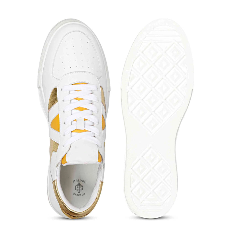Leather Handcrafted White and Yellow Sneaker For Men