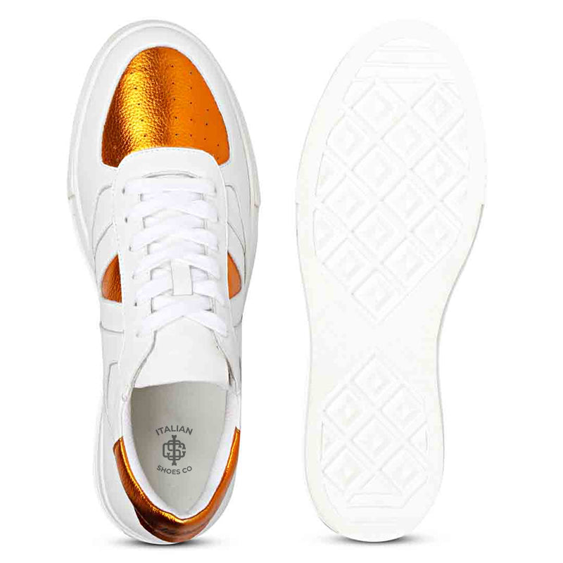 Leather Handcrafted White and Yellow Sneaker For Men