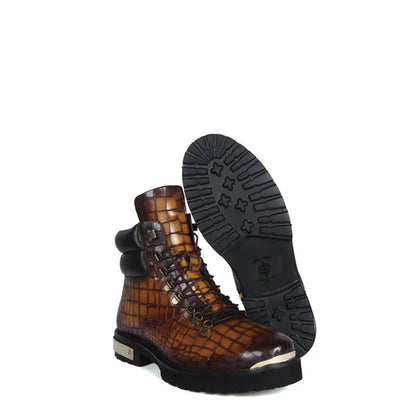 Croco Deep Cut Leather Lace-UP Ankle Boot Burgundy